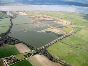 Aerial shot of Radar and Black Barn Pools, Cliffe Pools RSPB Reserve, Medway, Kent, March 2012